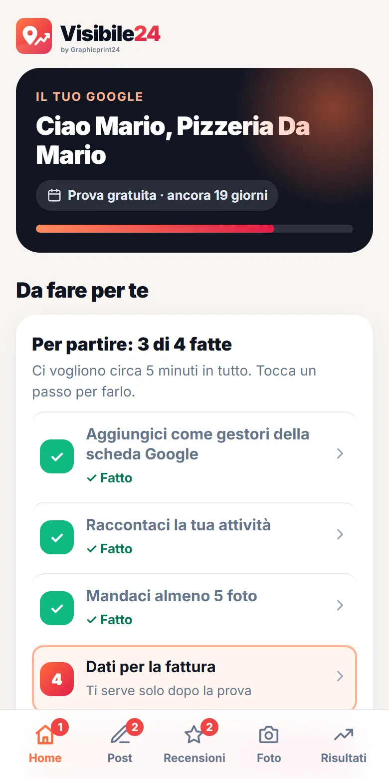 App Visibile24: la schermata principale con i post in uscita e le cose da fare