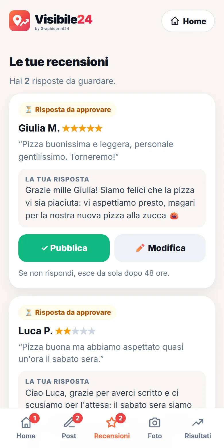 App Visibile24: risposte alle recensioni Google da approvare