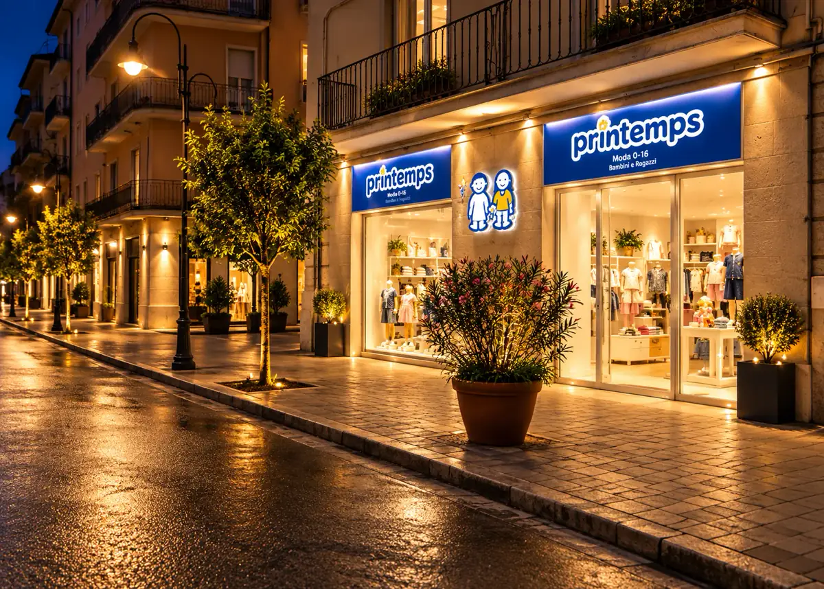 Insegne luminose blu e sagoma luminosa per il negozio di abbigliamento bambini Printemps a Cassino