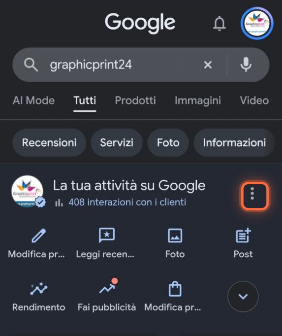 Riquadro La tua attività su Google con i tre puntini cerchiati