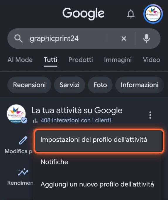 Menu con Impostazioni del profilo dell'attività cerchiato