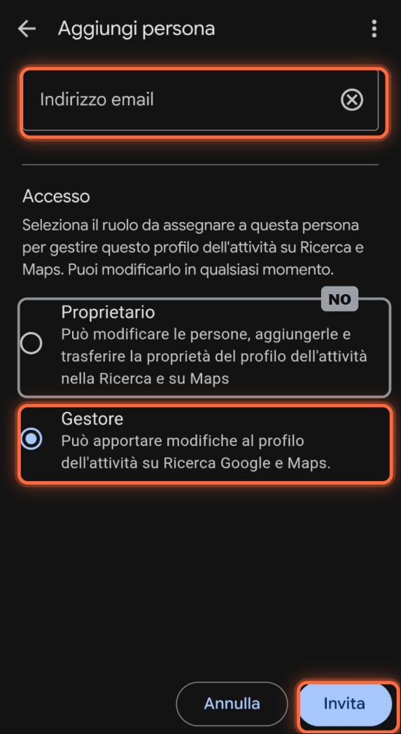 Campo Indirizzo email, ruolo Gestore scelto e pulsante Invita cerchiati