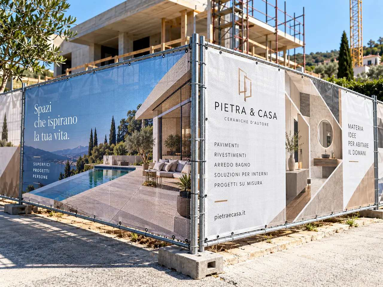 Teli personalizzati in rete mesh su recinzione di cantiere con rendering del progetto