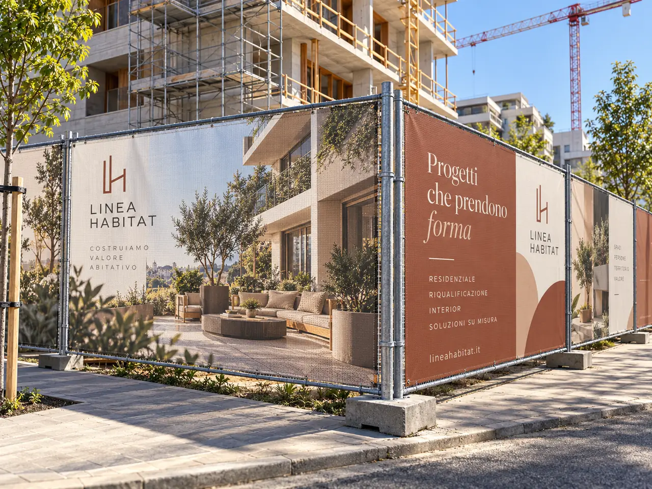 Telo per recinzione cantiere residenziale con marchio dell'impresa e rendering